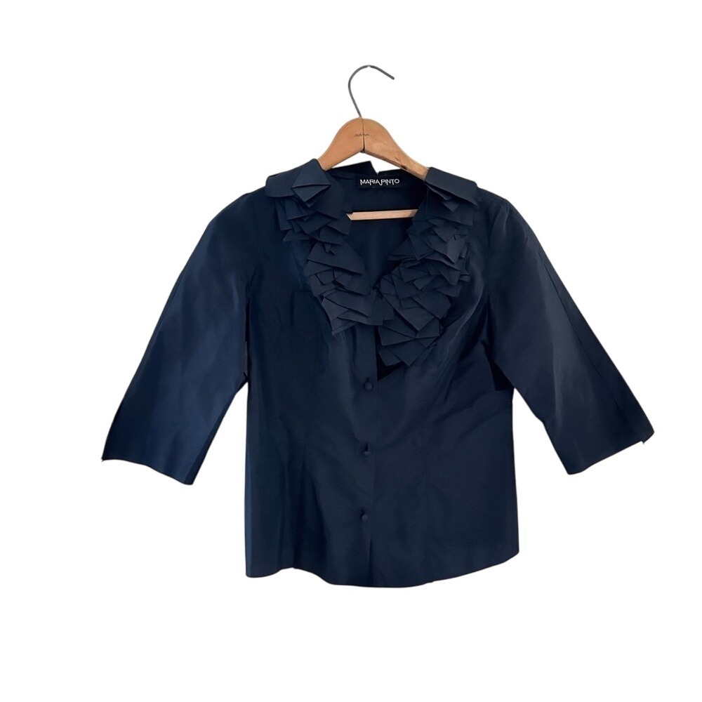 Maria Pinto Navy Blue Ruffle Front 3/4 Sleeve Button Down Top‎